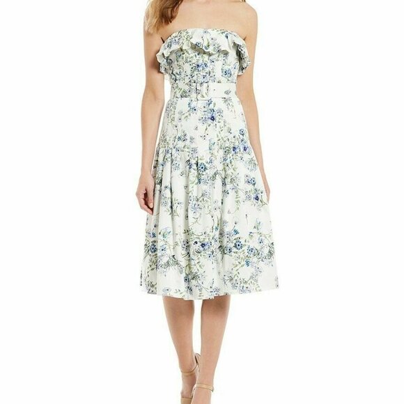 Antonio Melani Drop Waist Autumn Floral Pleated Cotton Midi Dress with Tie Belt - Picture 2 of 8
